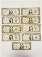 (9) 1935 $1 Silver Certificates: F & G & Star