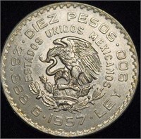 1957 MEXICO 10 PESOS - 90% Silver MS Commemorative