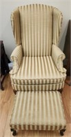 Gold Striped Upholstered Chair and Foot Stool