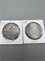 1958, 1963 Silver Un Peso Mexican Coins