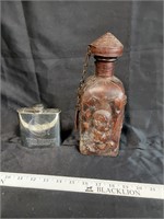 Vintage leather covered bottle and metal flask