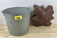 Galvanized Bucket with Metal Leaf Decor