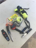Scuba diving knives, rope reels, spare air