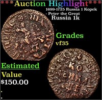 **Auction Highlight*** 1699-1725 Russia 1 Kopek -