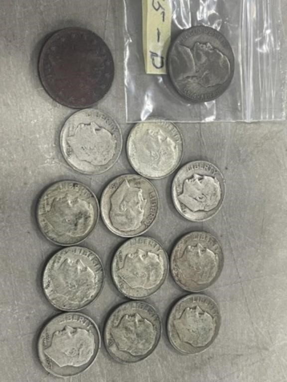 11 SILVER ROOSEVELT DIMES,V NICKEL AND 1945 JEFFER