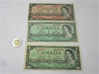 2 billets 1$ Canada 1954 et 1967 + 2$ Canada 1954