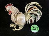 Rooster Brooch w/Rhinestones