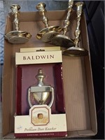 Baldwin brass doorknocker & 2 pair candle holders