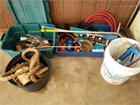 Tote full Misc hand tools, rope, caulking gun