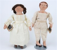 Two June Wildash Folk Art Brunette Dolls