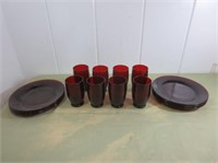(8) Ruby Red Glasses & (8) Dinner Plates