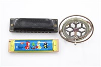 Vintage Toy Lot Harmonicas & Gyro Spin Top