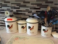 4 Rooster Canisters & utensils;