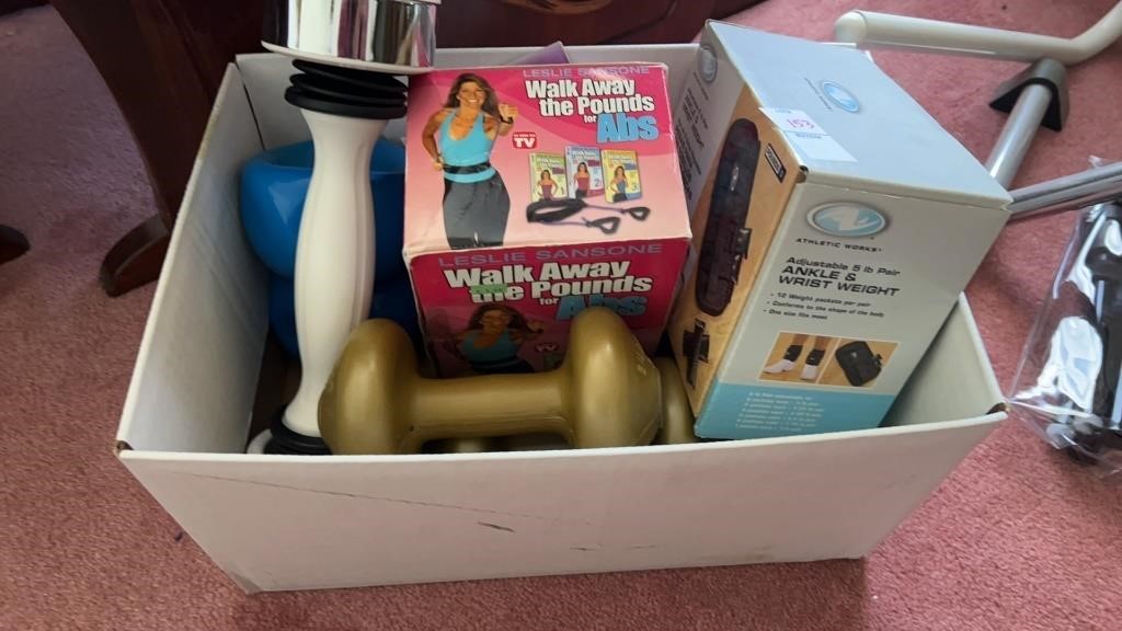 Box lot of Lightweight Dumbbells and other