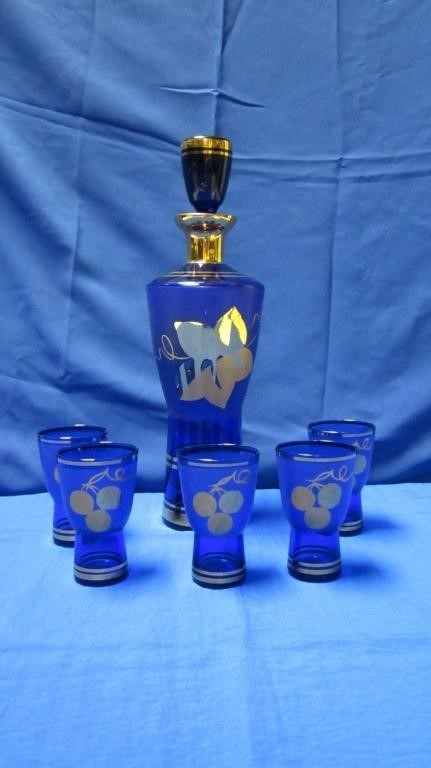 Blue & Gold Glass Decanter With 5 Glasses