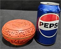 Chinese Carved Cinnabar Lacquer Round Box w Lid