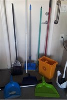 L - LOT OF BROOMS, MOPS, DUST PANS & MORE (G40)