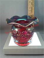Red iridized Carnival Glass souvenir Rose Bowl