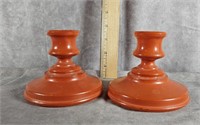 SET OF TWO ORANGE GLASS CANDLESTICK HOLDERS