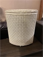 Corner, White wicker, laundry basket 20” by 18”