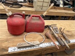 Gas jugs, power strip, garden tools