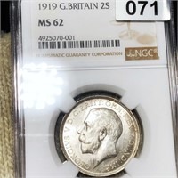 1919 Great Britain Silver 2 Shillings NGC - MS62