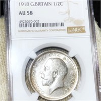 1918 Great Britain Silver Half Crown NGC - AU58