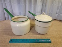 1930's Cream and Green Enamelware Stock Pots with