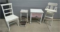 Wooden High Chair, Side Table, Chair & Step Stool