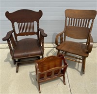 (2) Wooden Rocking Chairs, Wooden Magazine Holder