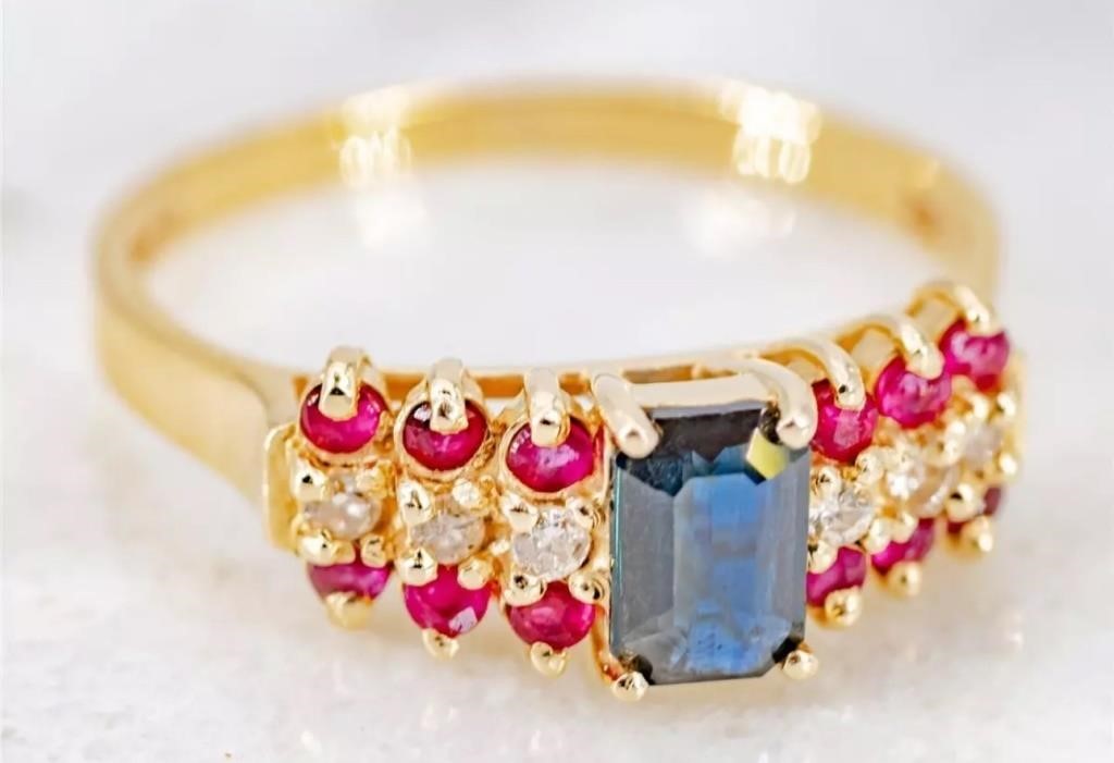 14k Gold Blue Sapphire, Ruby & Diamond Ring