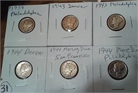 Six WW2 era silver Mercury Dimes NICE CONDITION