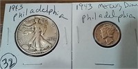 1943 WW2 Walking Liberty silver half dollar + dime
