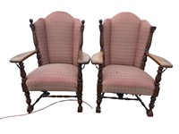 2 OAK ACANTHUS CARVED OPEN ARM CHAIRS