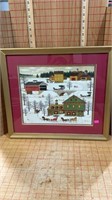 Framed and matted snow scene picture