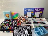 MIXED LOT PENS MARKERS CRAYONS & TRAYS