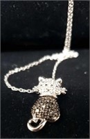 Genuine Diamond Cat Pendant 18" Sterling Silver