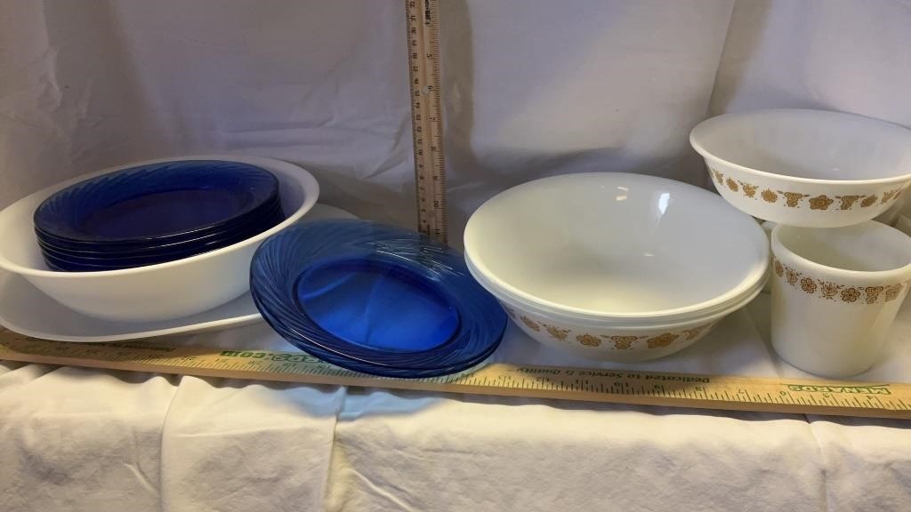 Corelle Bowls, Platter, Pyrex Plates