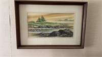 Framed original watercolor of a rocky stream with