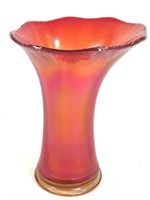 Carnival Glass Red Luster Stretch Ruffled Vase