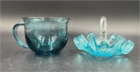 MCM Art Glass Basket & Vtg Blue Mug Uv Reactive