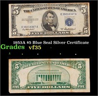 1953A $5 Blue Seal Silver Certificate Grades vf++