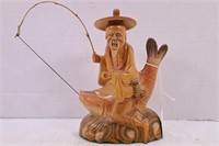 HAND CARVED WOOD ORIENTAL FISHERMAN FIGURE - 8"