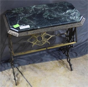 Art deco side table in cast metal and green marble