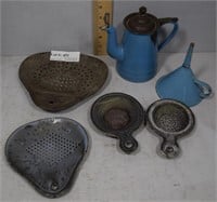 Graniteware teapot, funnel, and 4 sifters