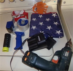 flag, tape dispenser, drill