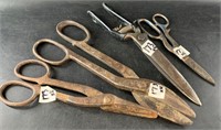 Lot of 4 vintage tools: tin snips, scissors, etc.