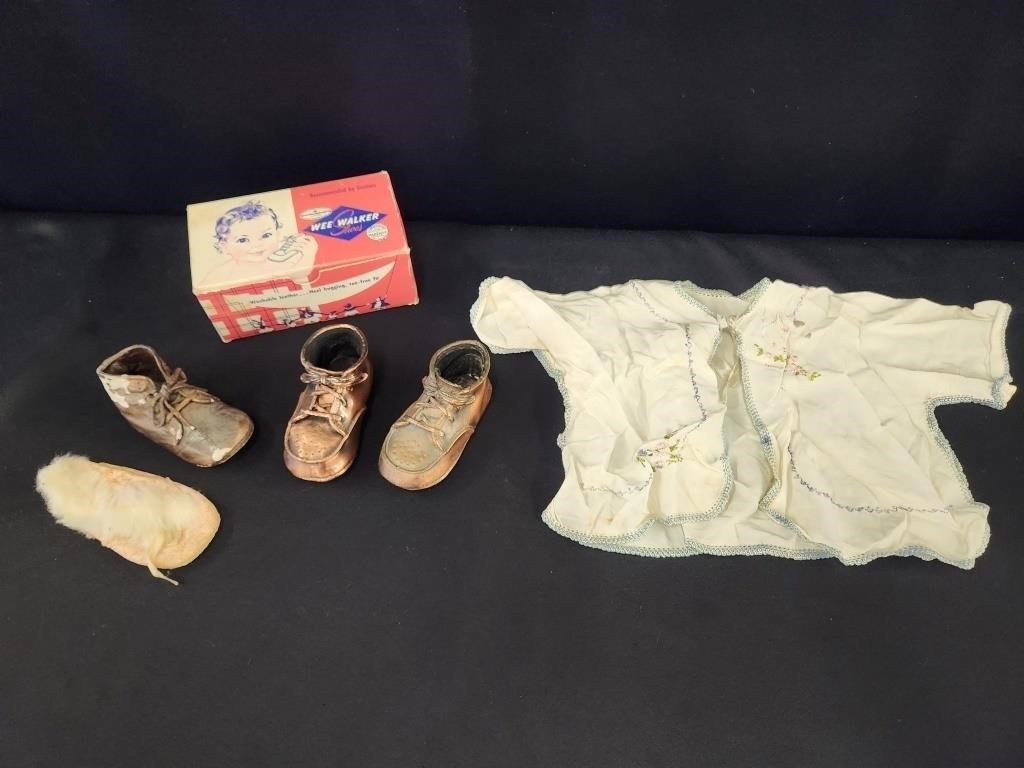 VINTAGE BRONZED BABY SHOES, EMBROIDERED SHIRT &...