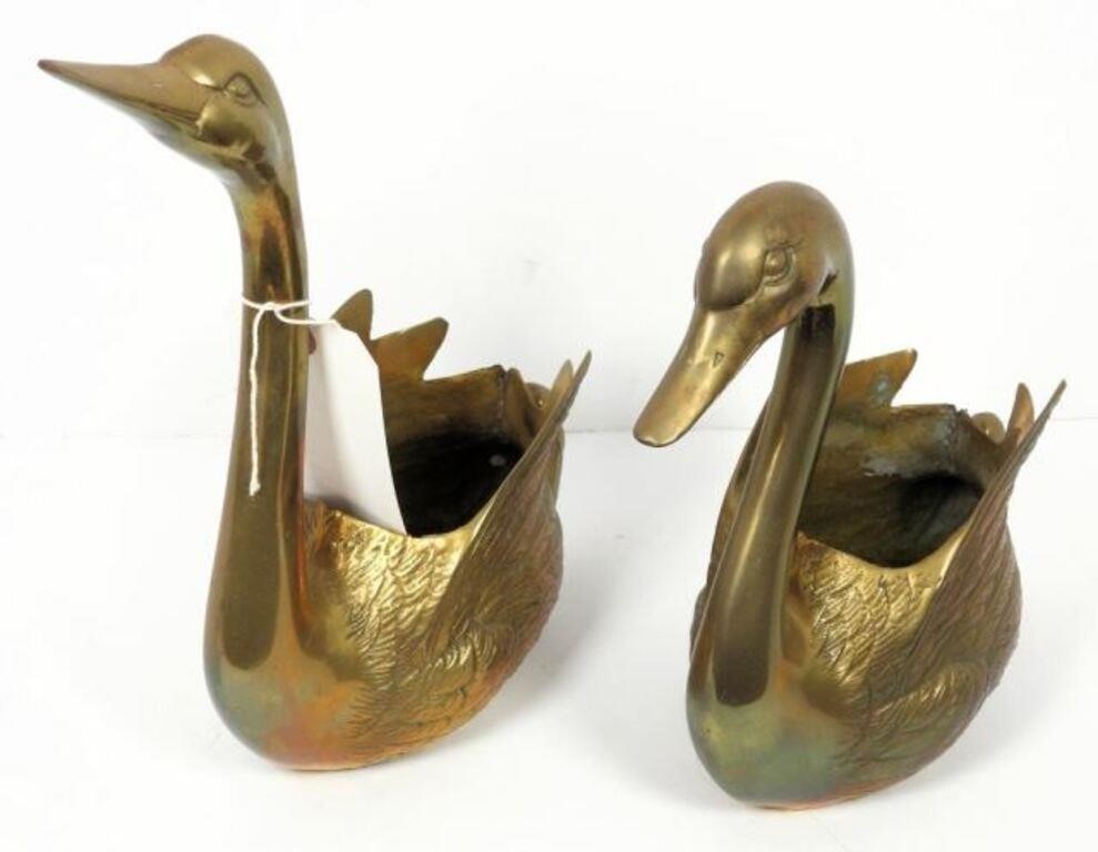(2) brass figural Goose table planters/ferneries