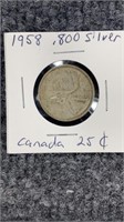 1958 Canada 25 Cent Coin 80% Silver